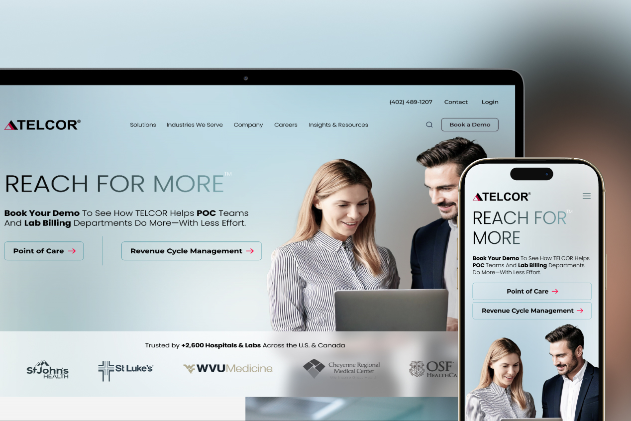 Telcor homepage, Reach for More, shown across desktop and phone