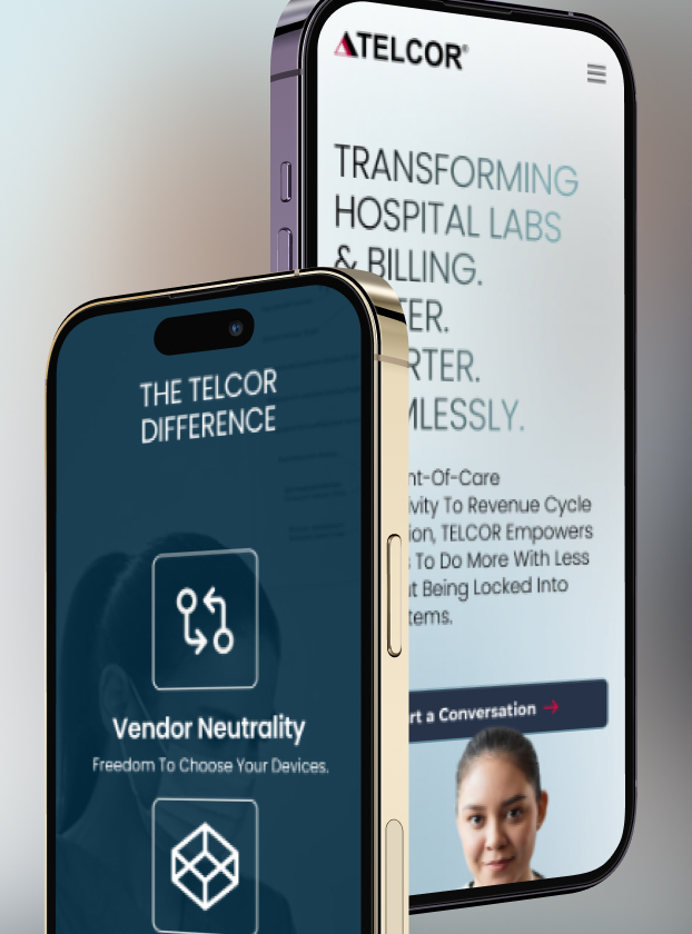 Telcor Transforming Hospital Labs and Billing pages shown across two phones