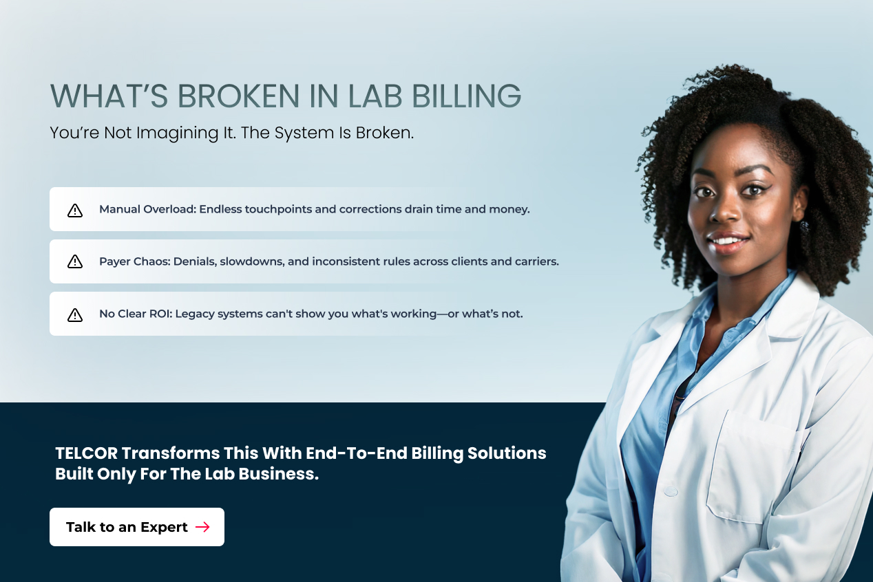 Telcor What's Broken in Lab Billing section, landscape view with client portrait