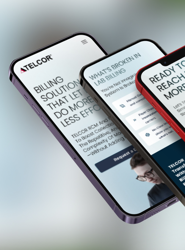 Telcor billing solutions pages shown across three phones