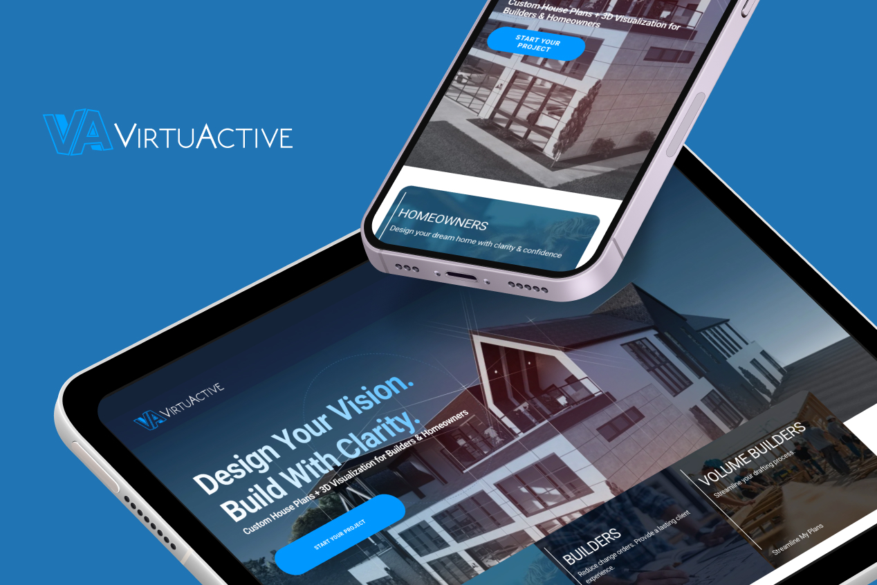 VirtuActive logo beside phone and tablet mockups of the homepage hero, Design Your Vision. Build With Clarity.