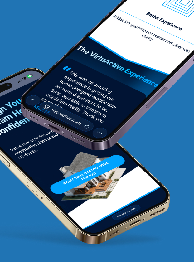 VirtuActive Experience section shown on two phones, with a client testimonial quote