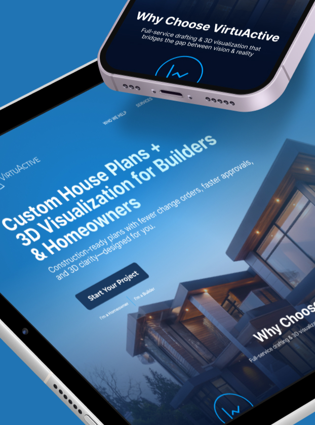 VirtuActive Why Choose VirtuActive section and Custom House Plans hero shown on phone and tablet