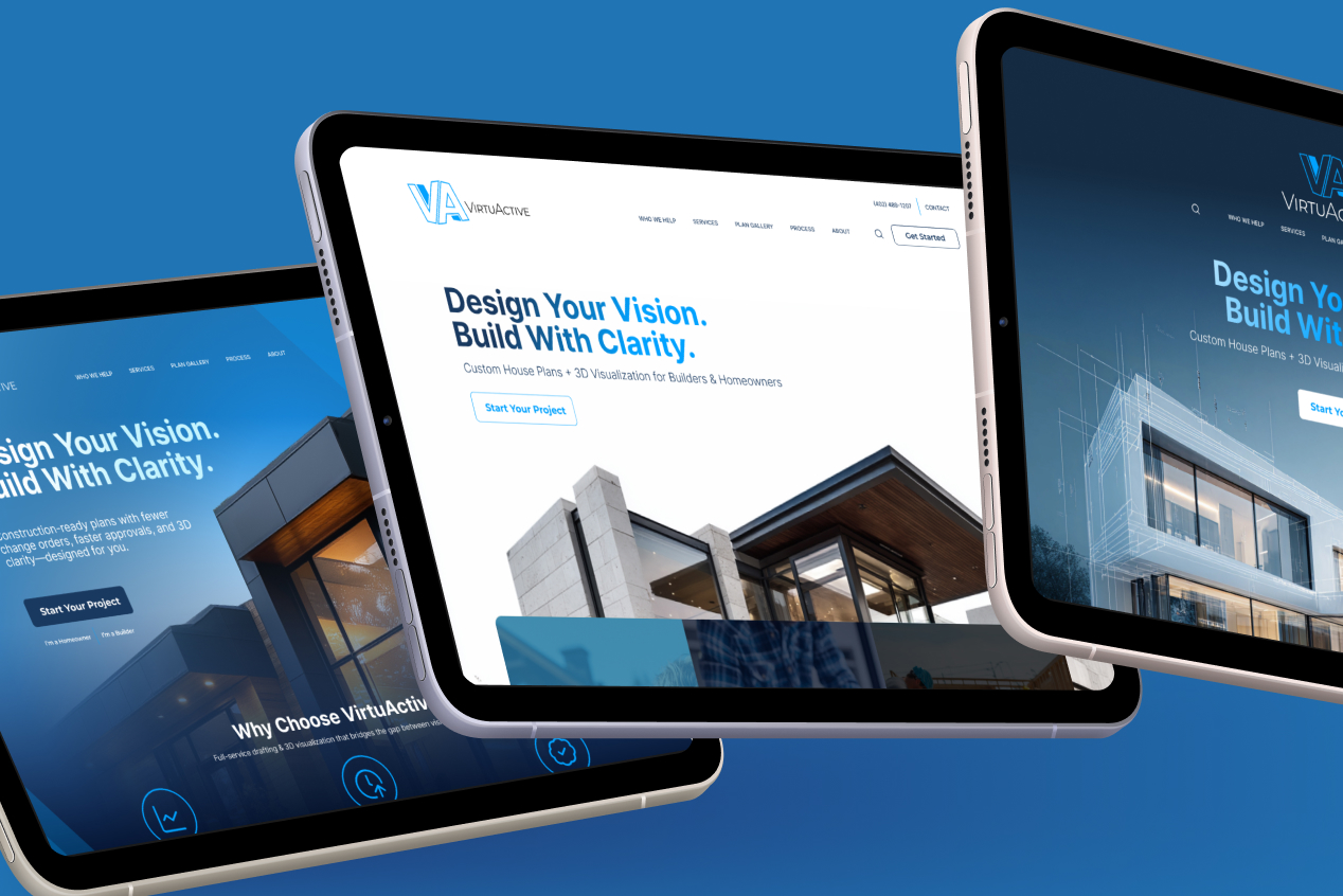 VirtuActive homepage shown across a fan of three tablets